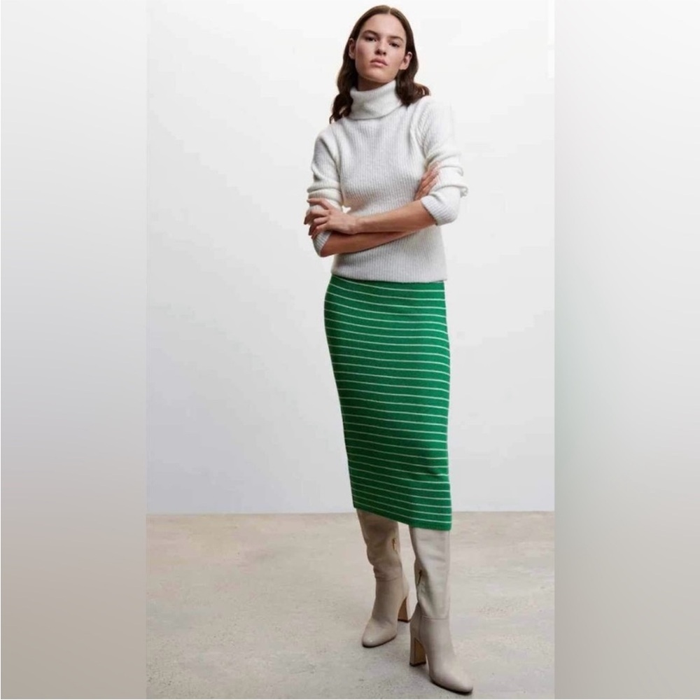 Mango, Green Knit Striped Midi Skirt